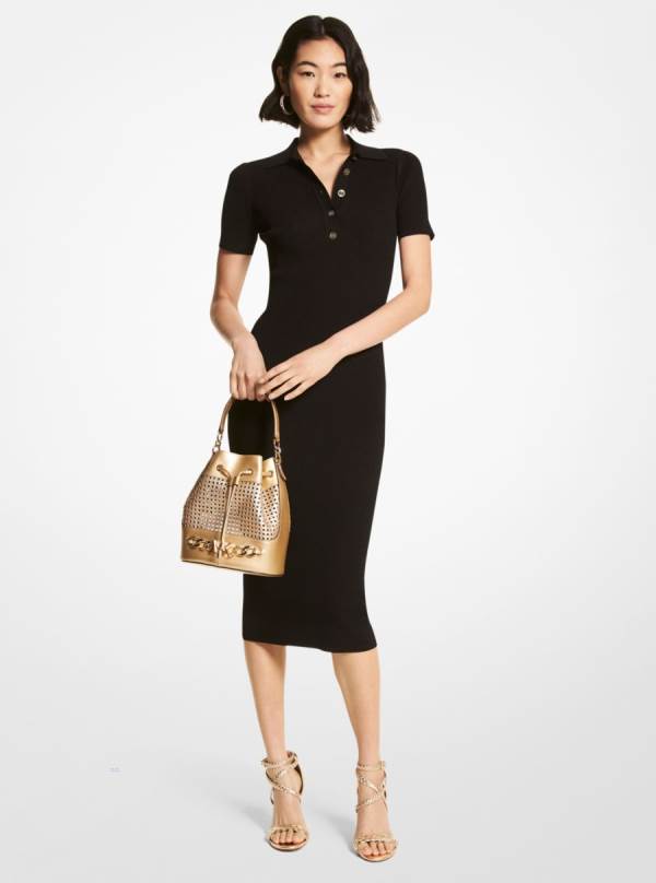 Damske Saty Michael Kors Logo Button Ribbed Viscose Blend Polo Čierne - Oblecenie Michael Kors Levně | LJCUA-9845